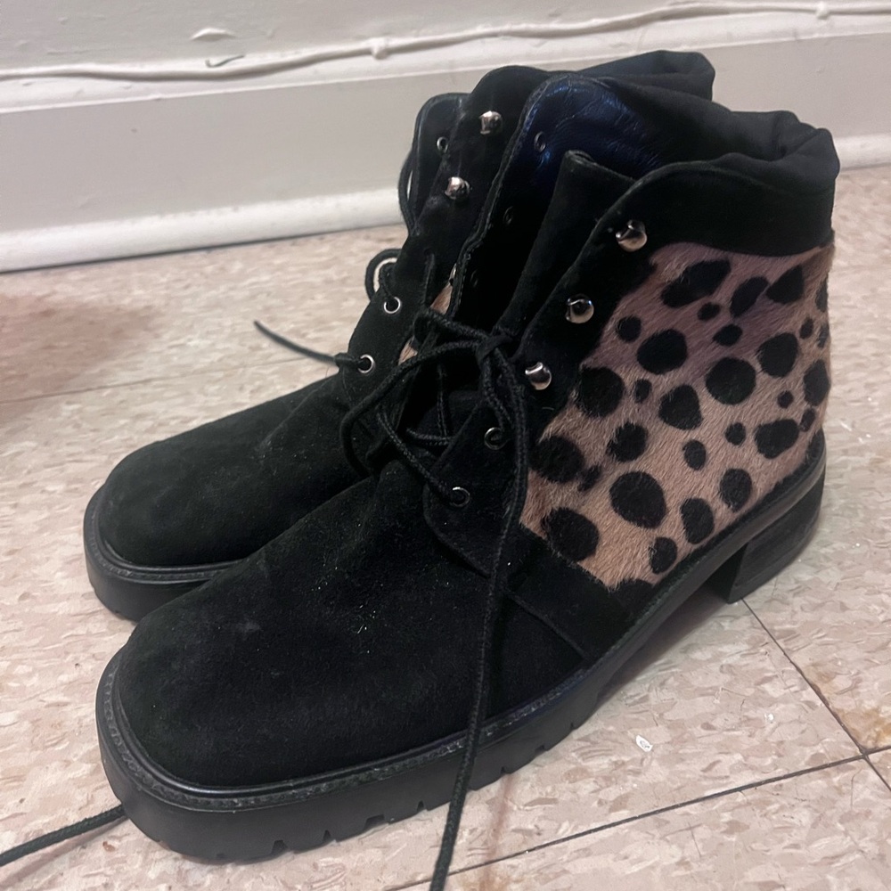 Stuart Weitzman Leopard Print Black Ankle Boots